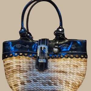 GUC Black and Tan Woven Handbag with Silver Accents